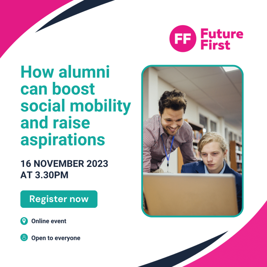 a picture of a teacher at a desk with a student, the description invites people to a webinar entitled 'how alumni can boost social mobility and raise aspirations' on 16 November at 3:30pm